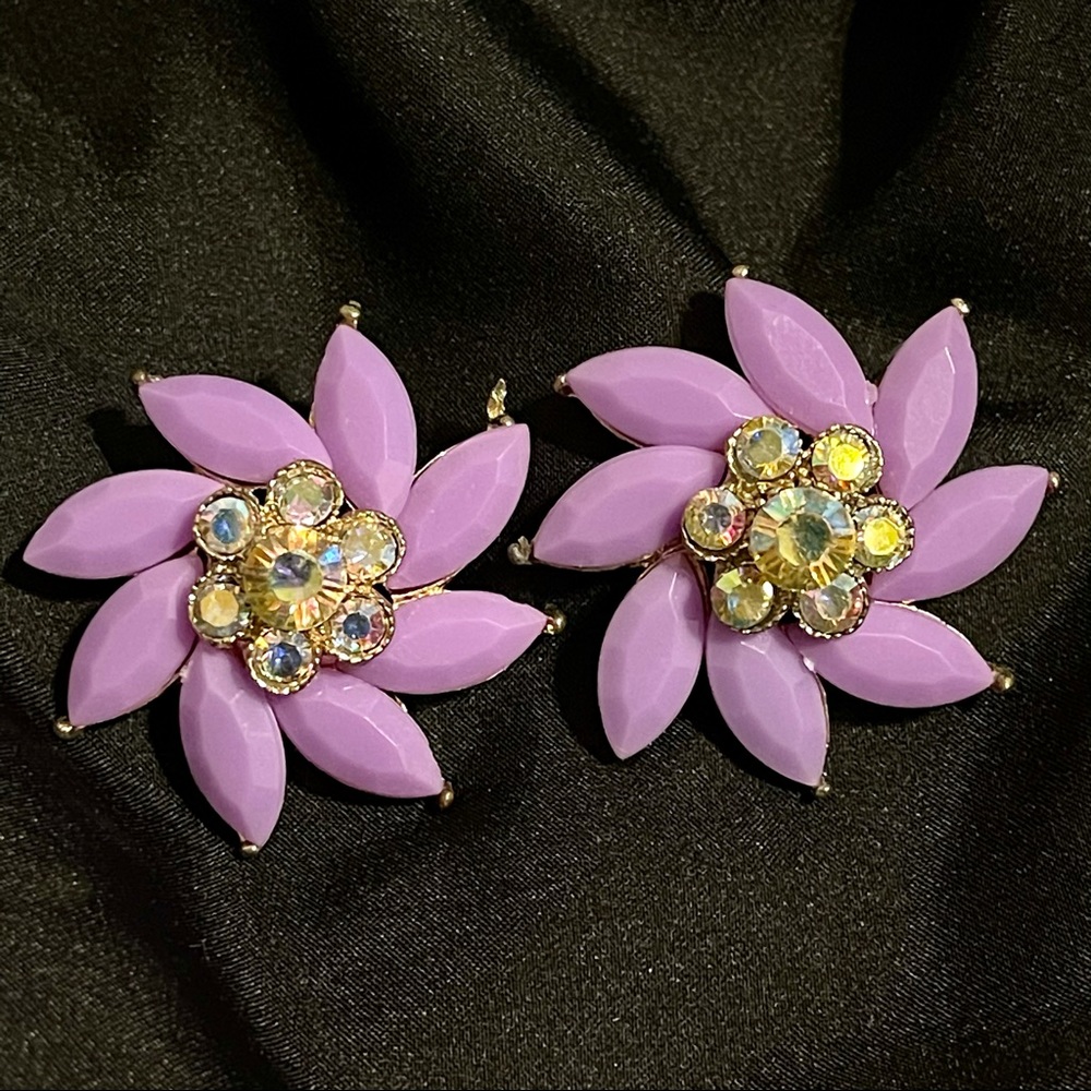 Vintage Purple Flower Earrings With Bullet Backs